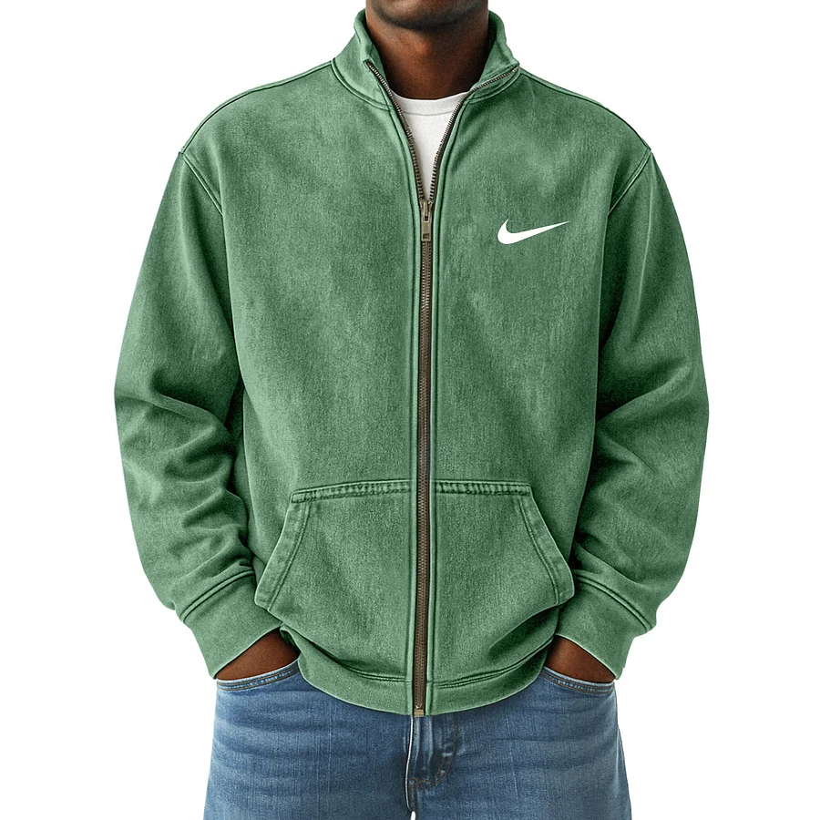 Men's Vintage Distressed Zip-Up Stand Collar Jacket