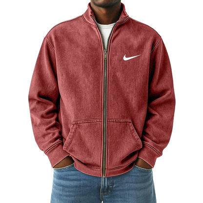 Men's Vintage Distressed Zip-Up Stand Collar Jacket