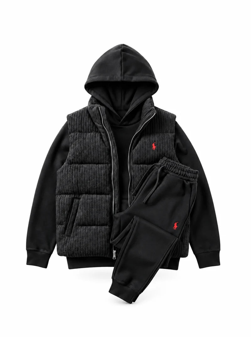 Men’s Heritage Cable-Knit Padded Vest 3-Piece Fleece Tracksuit Set