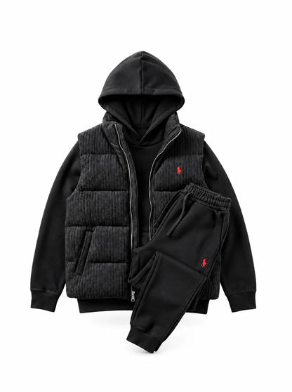 Men’s Heritage Cable-Knit Padded Vest 3-Piece Fleece Tracksuit Set