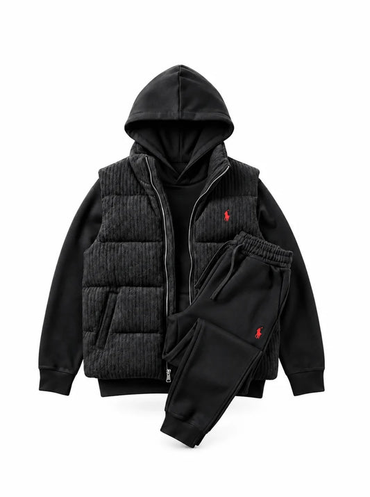 Men’s Heritage Cable-Knit Padded Vest 3-Piece Fleece Tracksuit Set
