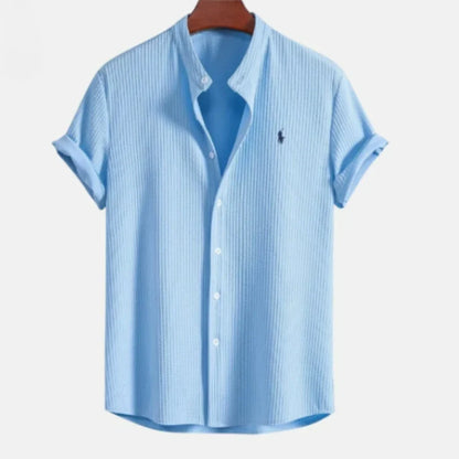 Button-up shirt with textured short sleeves