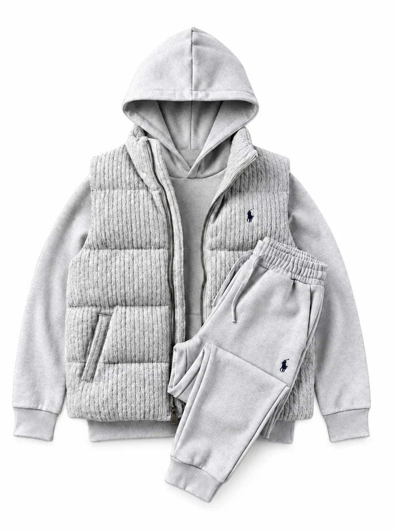 Men’s Heritage Cable-Knit Padded Vest 3-Piece Fleece Tracksuit Set