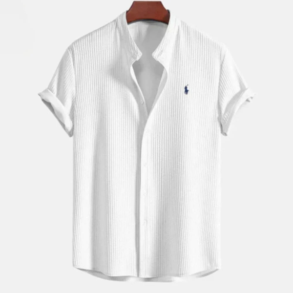 Button-up shirt with textured short sleeves