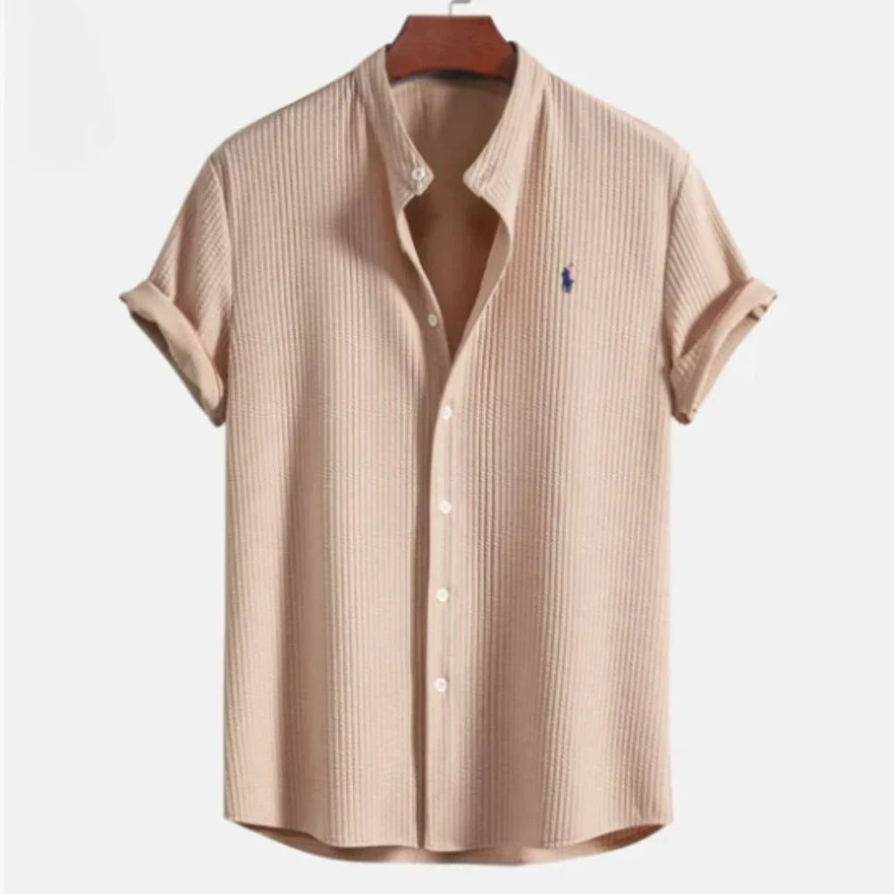 Button-up shirt with textured short sleeves