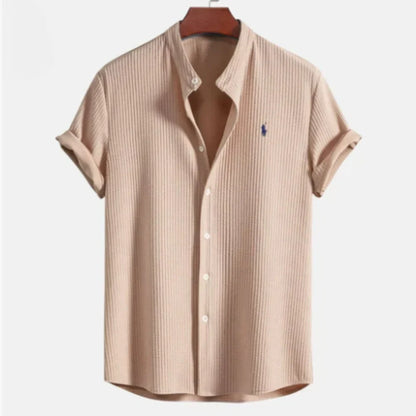 Button-up shirt with textured short sleeves