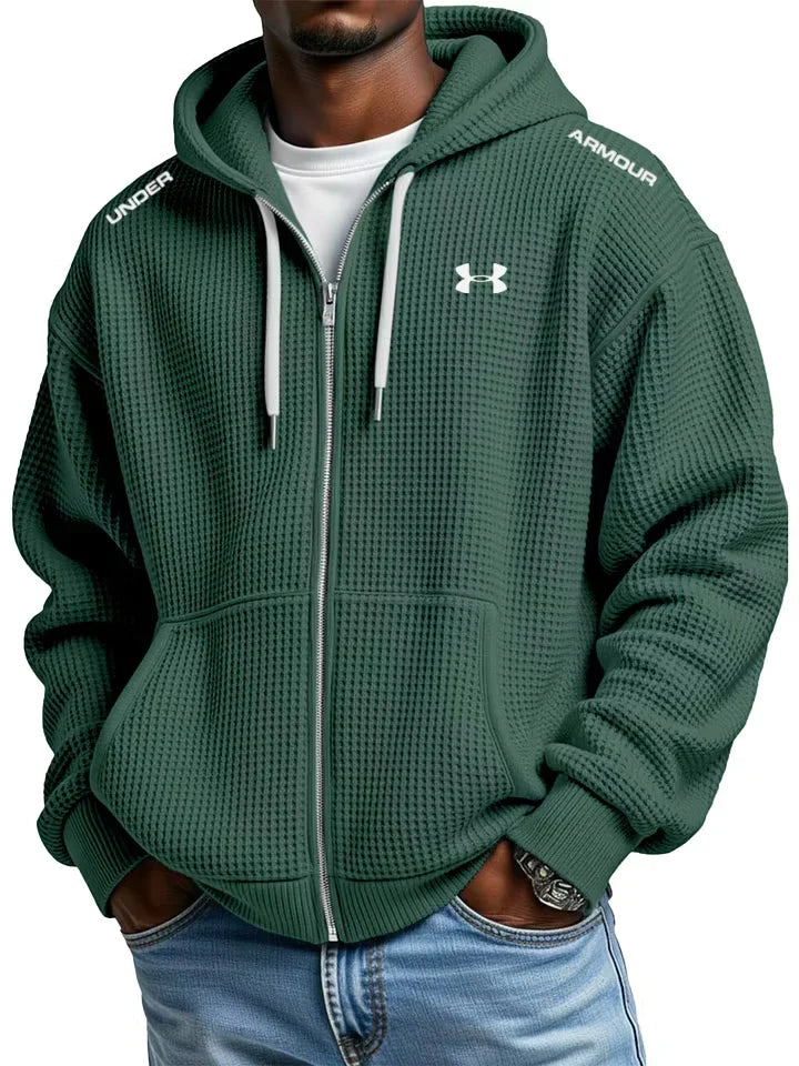 Men's cotton waffle knit casual sports hooded jacket