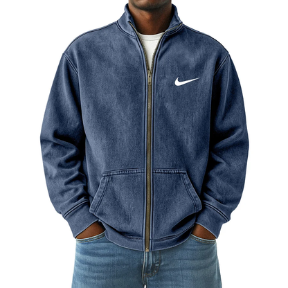 Men's Vintage Distressed Zip-Up Stand Collar Jacket
