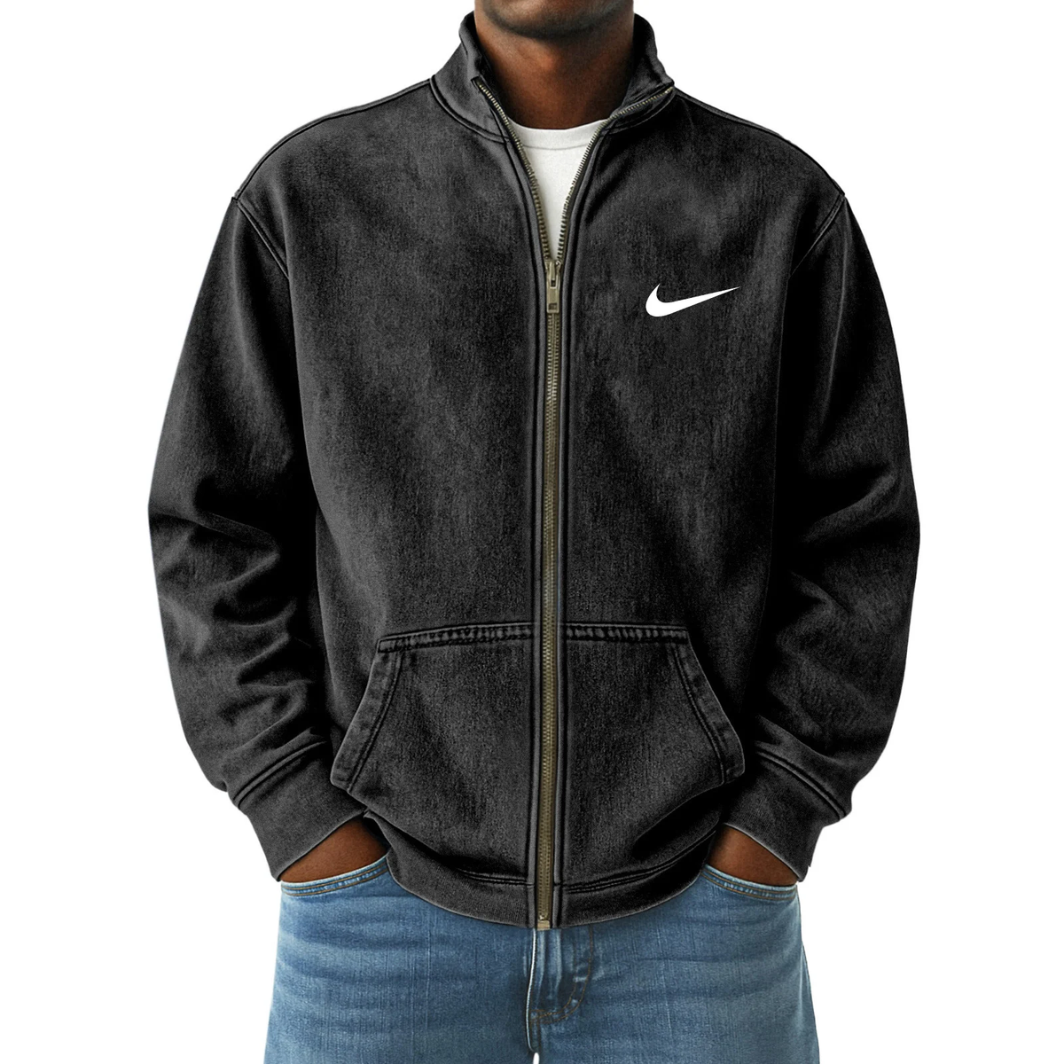 Men's Vintage Distressed Zip-Up Stand Collar Jacket