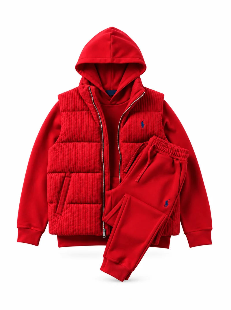Men’s Heritage Cable-Knit Padded Vest 3-Piece Fleece Tracksuit Set