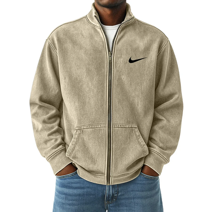 Men's Vintage Distressed Zip-Up Stand Collar Jacket