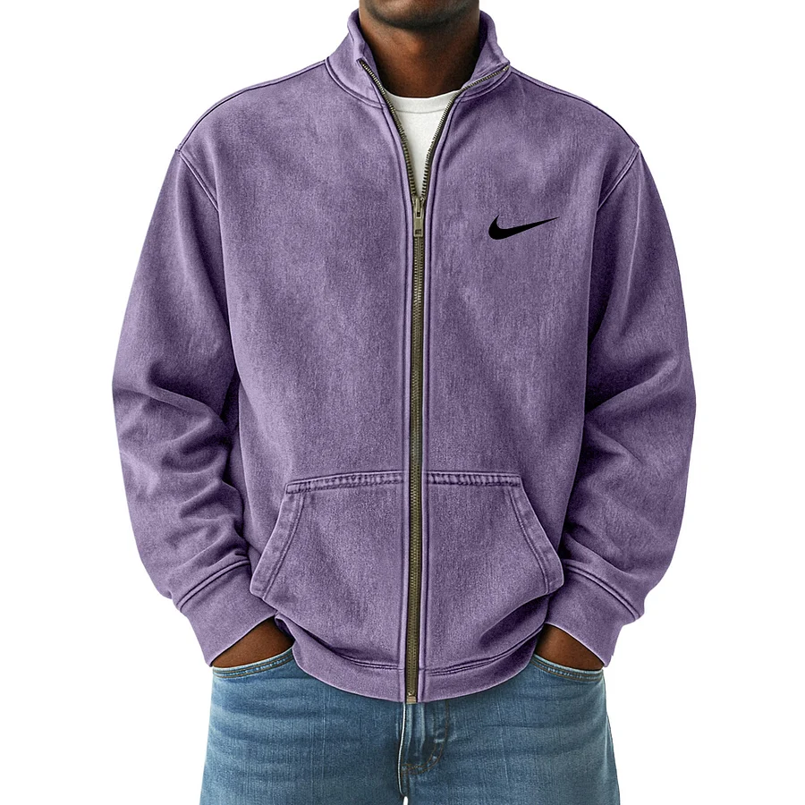 Men's Vintage Distressed Zip-Up Stand Collar Jacket