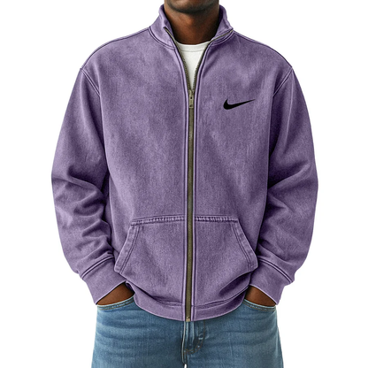Men's Vintage Distressed Zip-Up Stand Collar Jacket