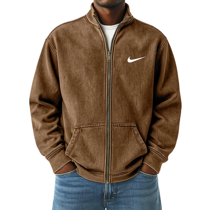 Men's Vintage Distressed Zip-Up Stand Collar Jacket