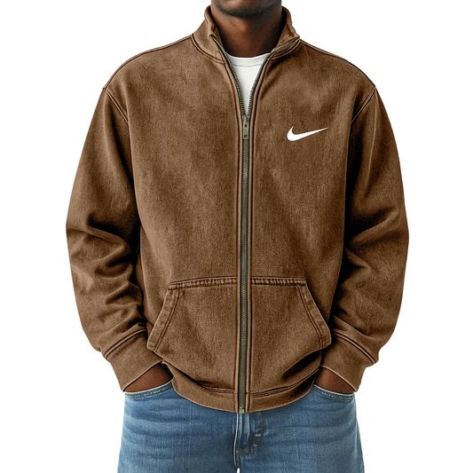 Men's Vintage Distressed Zip-Up Stand Collar Jacket