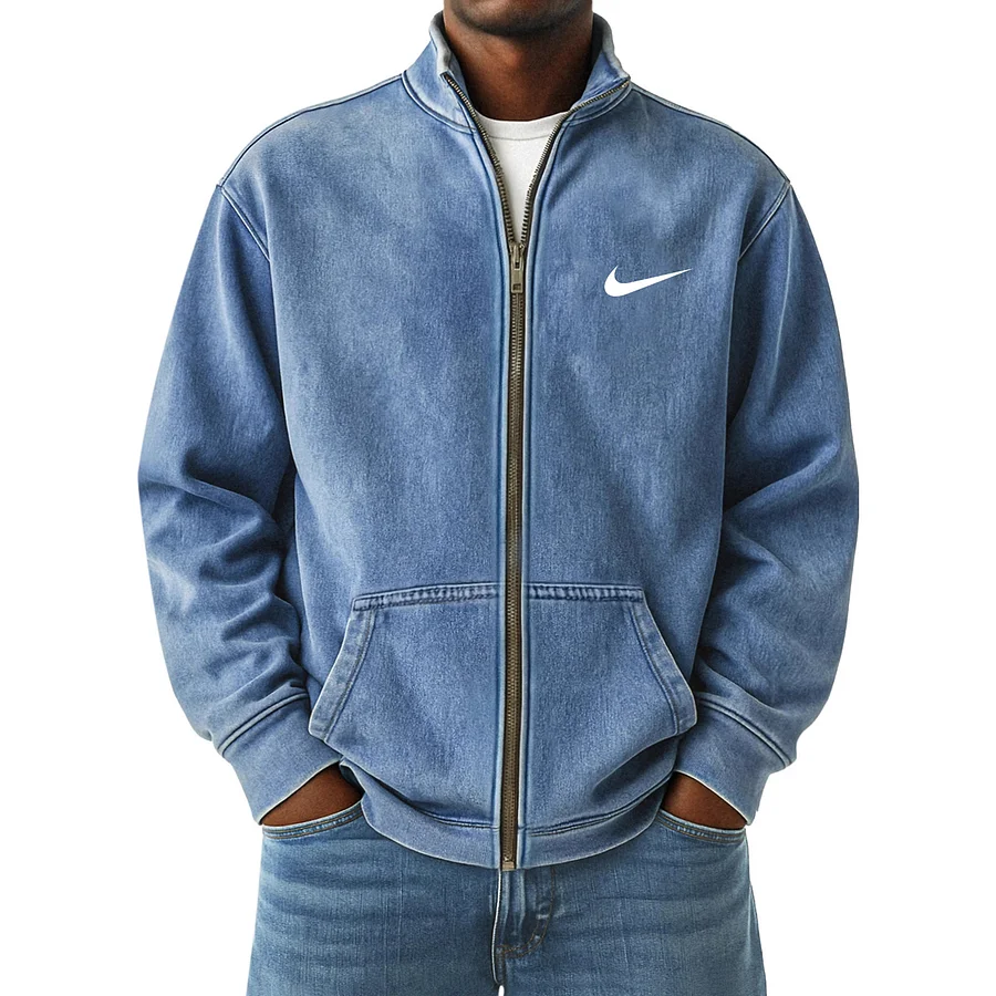 Men's Vintage Distressed Zip-Up Stand Collar Jacket