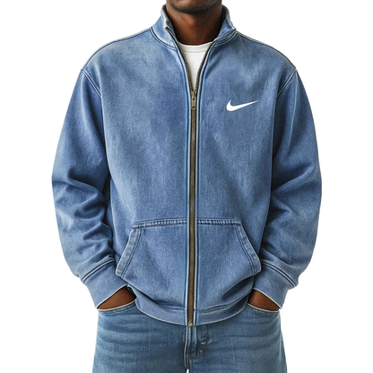 Men's Vintage Distressed Zip-Up Stand Collar Jacket