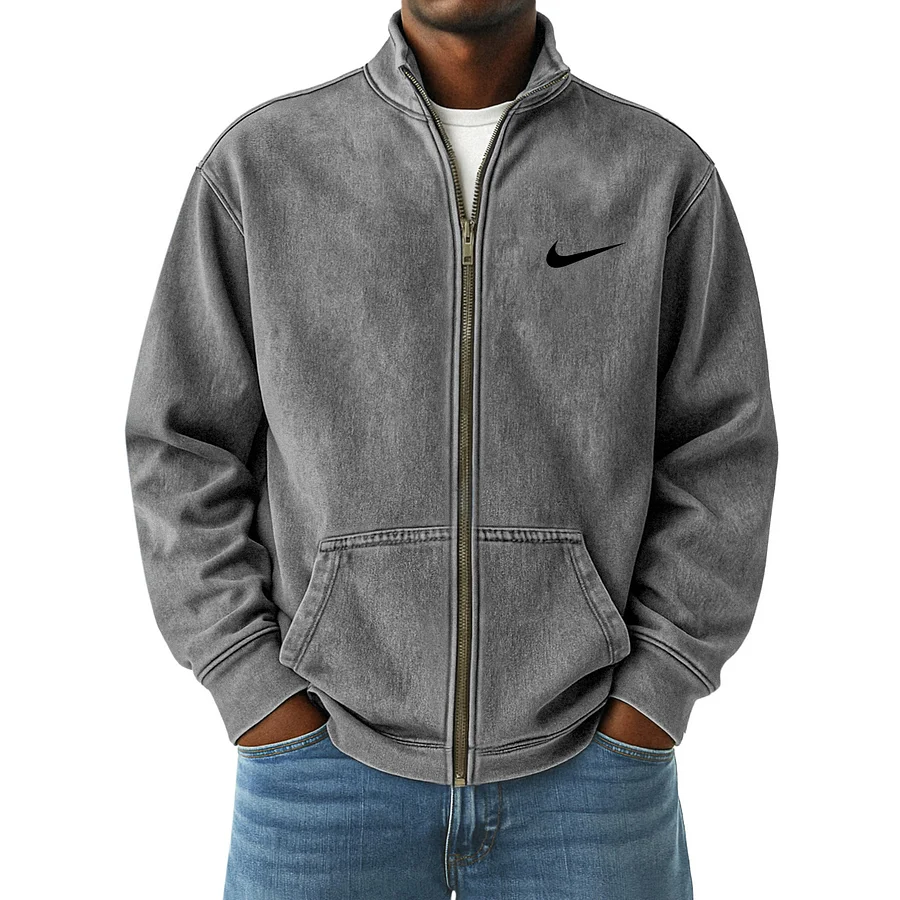 Men's Vintage Distressed Zip-Up Stand Collar Jacket