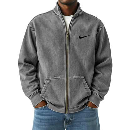 Men's Vintage Distressed Zip-Up Stand Collar Jacket